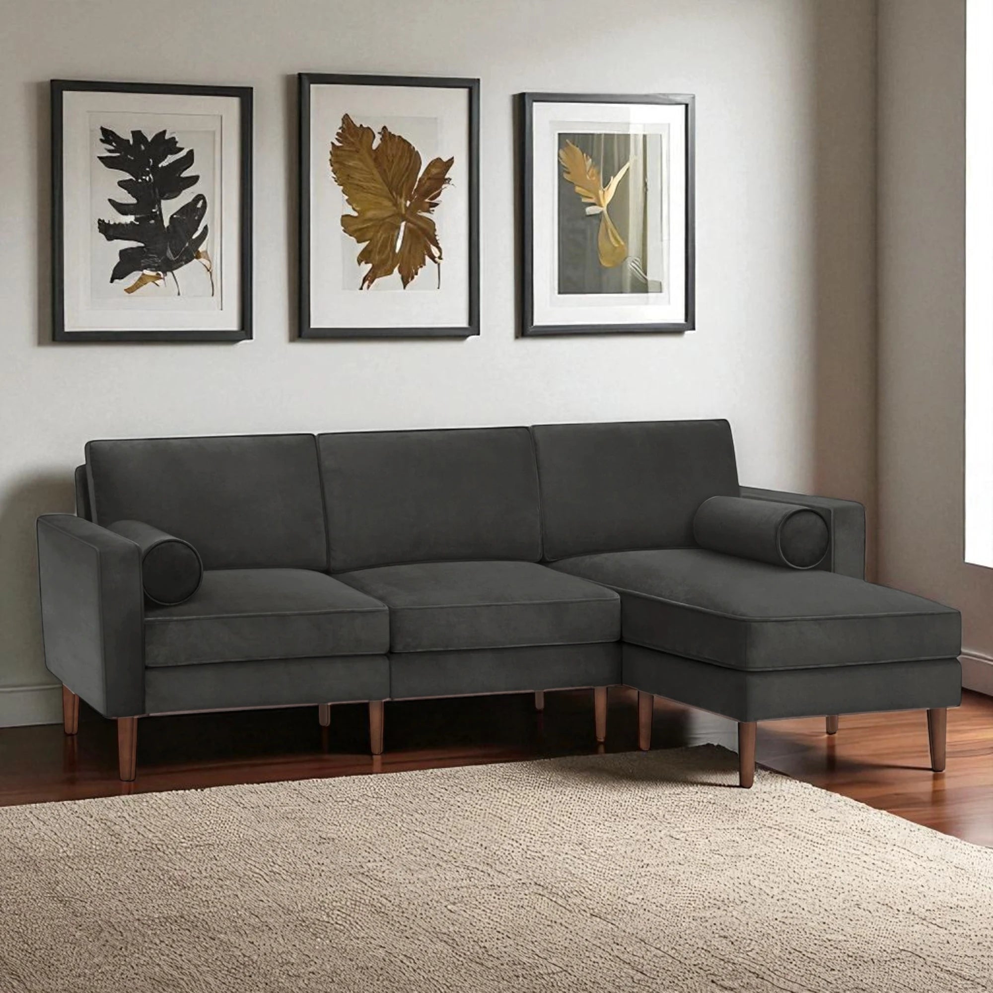 Nismaaya Candace Velvet L Shape Sofa Charcoal Grey – Nismaaya Decor