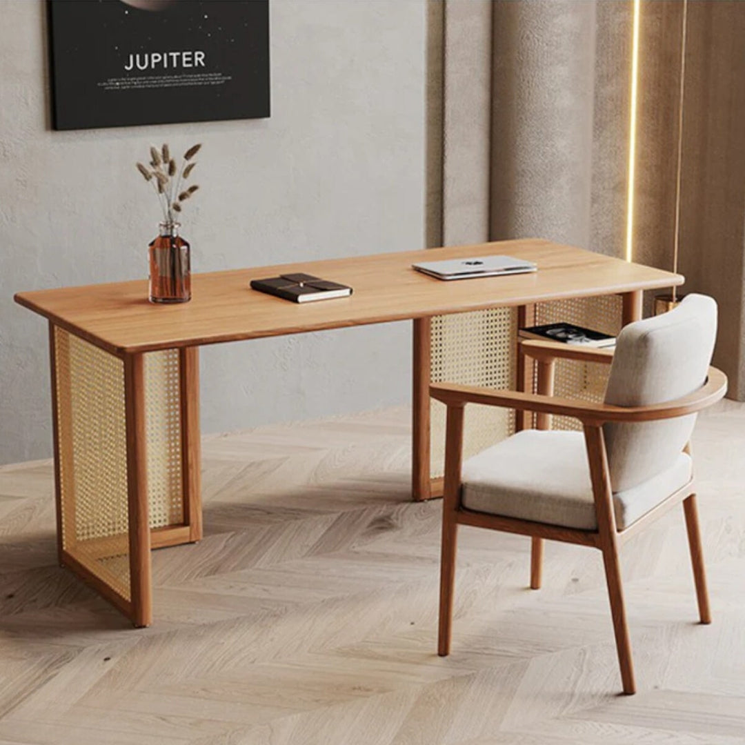 Eston Solid Ash Wood Rattan Study Table1