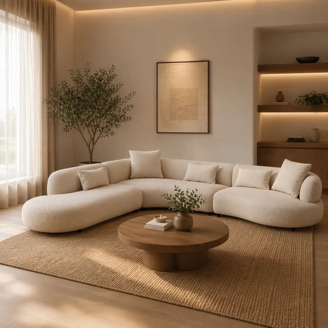 Modern living room with a beige sectional sofa, round wooden coffee table, and decorative elements.