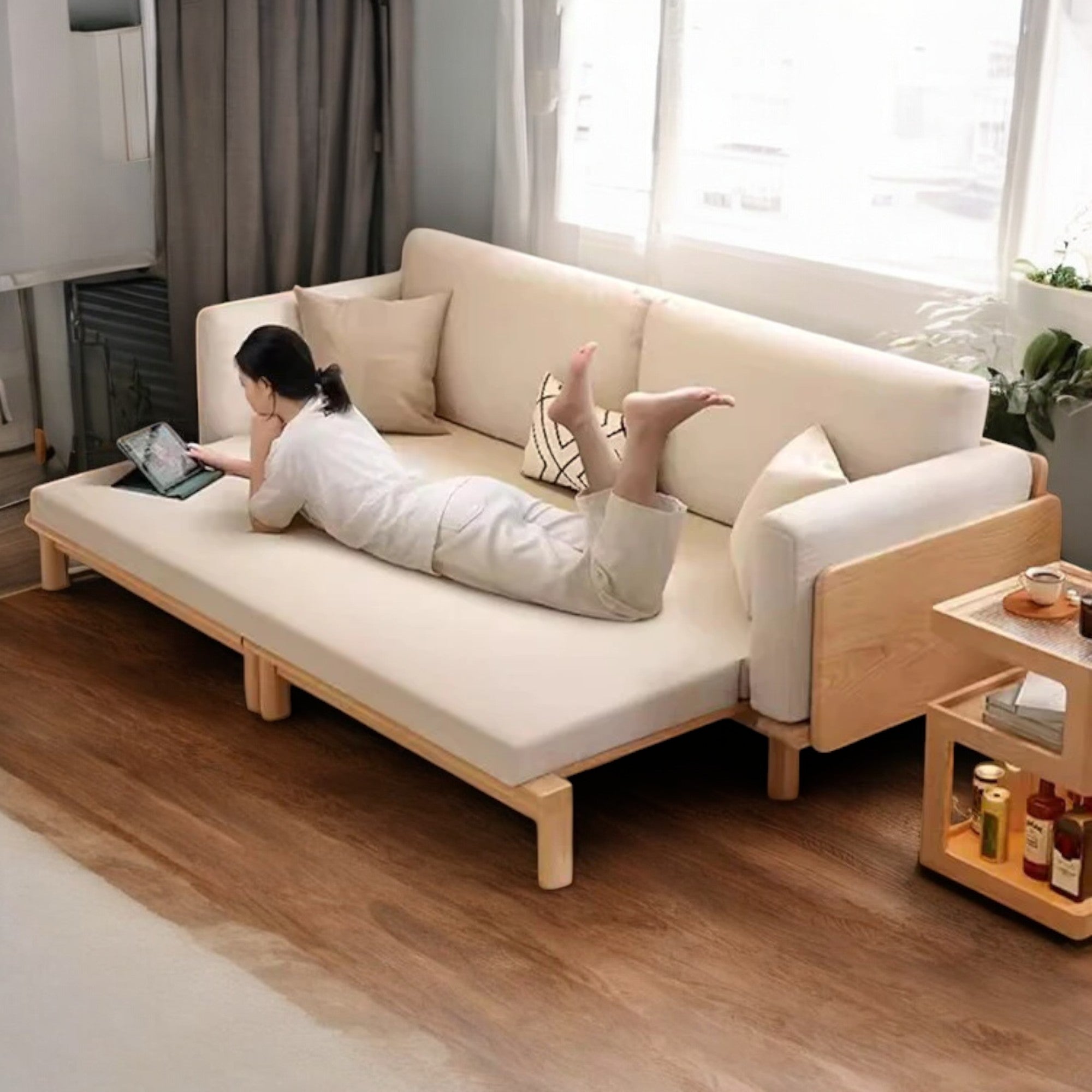 Japandi Solid Wood Sofa Bed – Nismaaya Decor