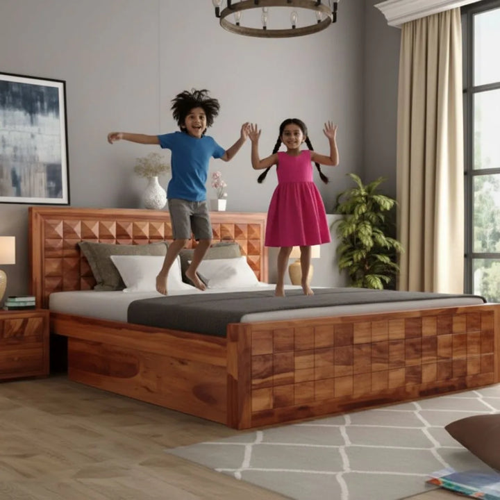 Nismaaya Solid Sheesham Wood Queen Bed With Drawers Storage Ready To Ship