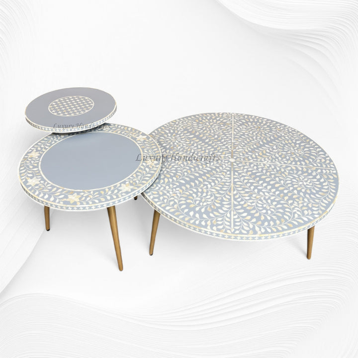 Bone Inlay Floral Nesting Table Set of 3 Grey 3