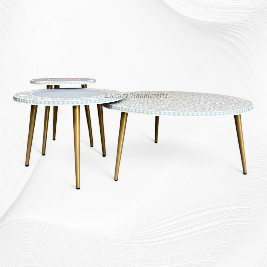 Bone Inlay Floral Nesting Table Set of 3 Grey 1
