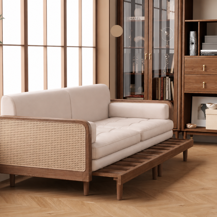 Custom Nismaaya Leather & Rattan Weaving Wooden Frame Sofa Cum Bed