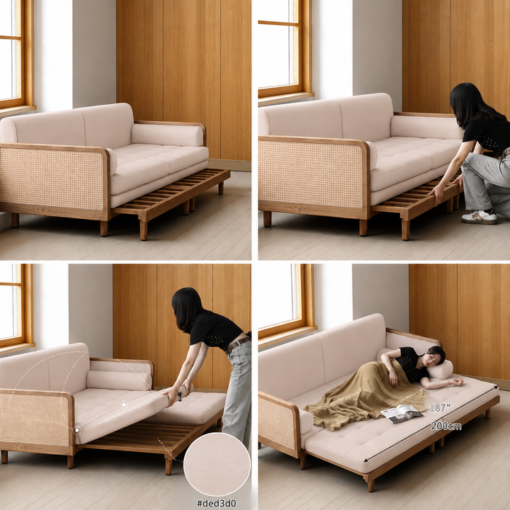 Custom Nismaaya Leather & Rattan Weaving Wooden Frame Sofa Cum Bed