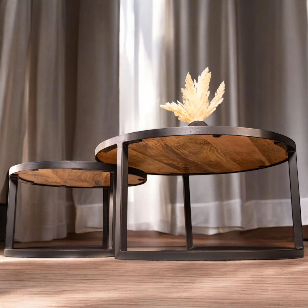 Woodland Lounge Mango Wood Set of 2 Coffee Tables with Black Frame