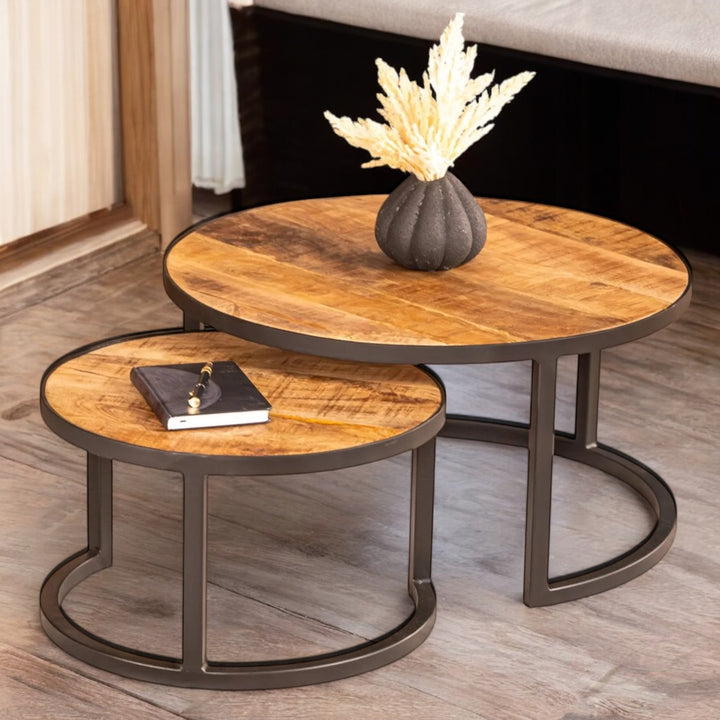 Woodland Lounge Mango Wood Set of 2 Coffee Tables with Black Frame