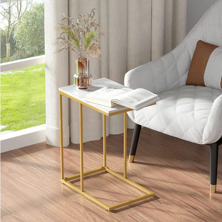 Gold C Shape Sofa End Table Slim Glossy with Golden Metal Legs