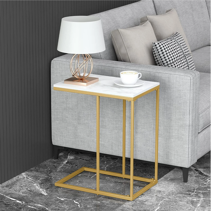 Gold C Shape Sofa End Table Slim Glossy with Golden Metal Legs