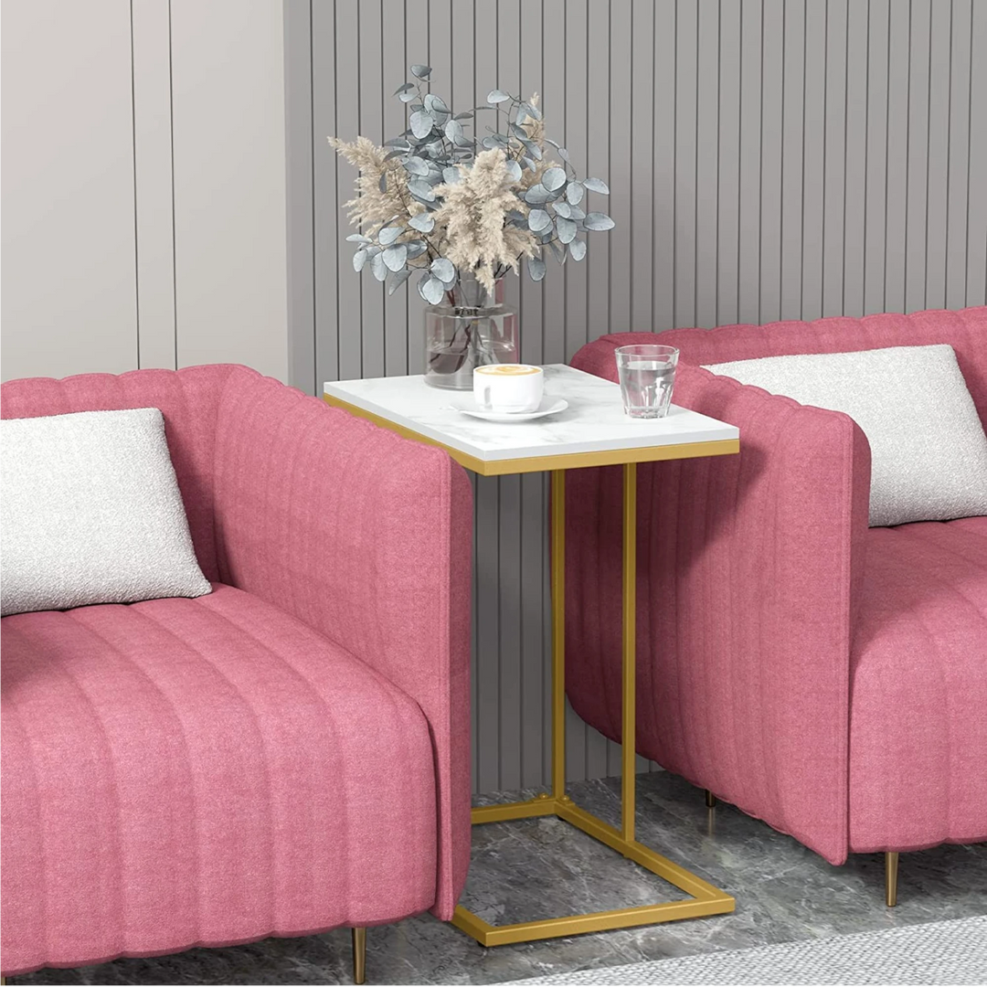 Gold C Shape Sofa End Table Slim Glossy with Golden Metal Legs