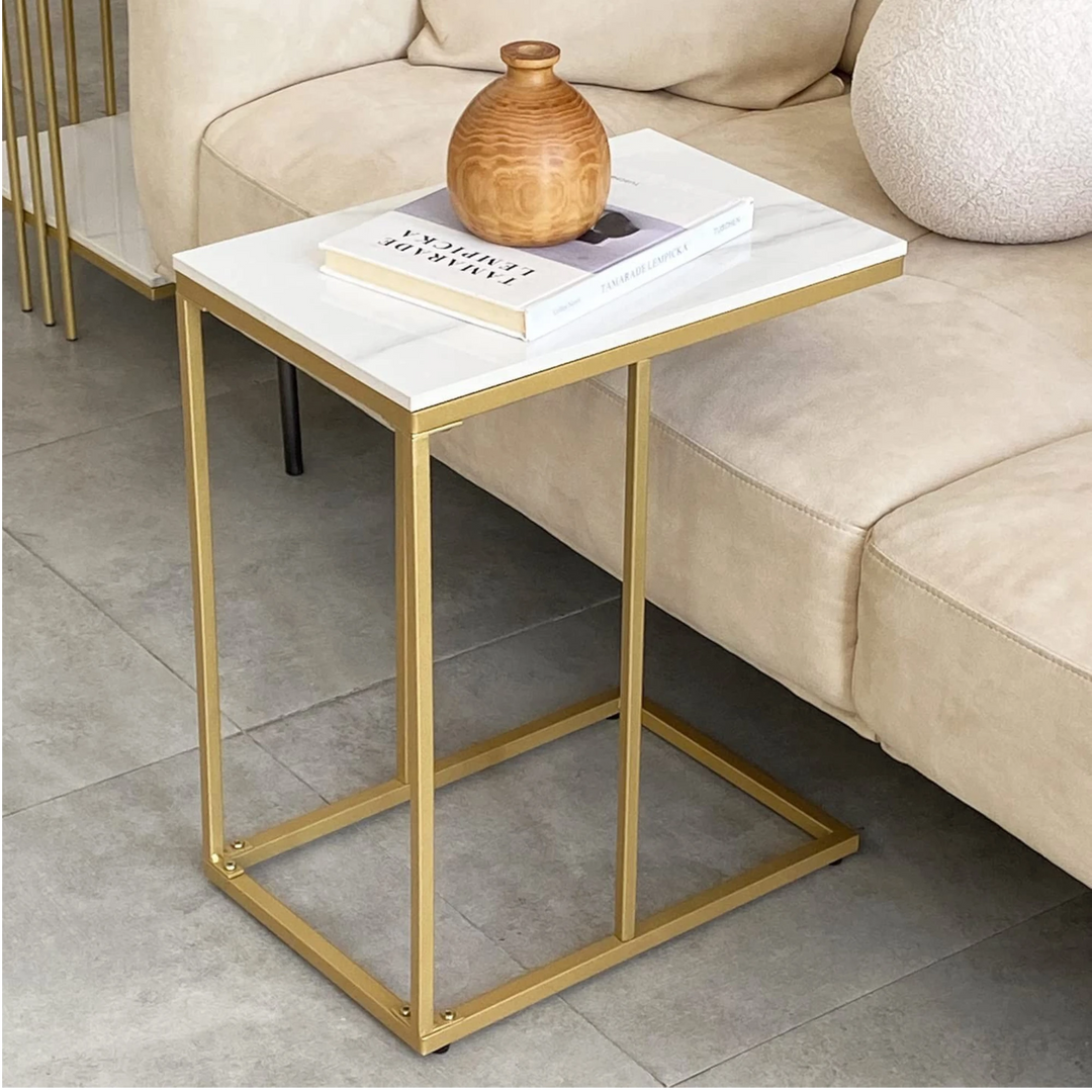 Gold C Shape Sofa End Table Slim Glossy with Golden Metal Legs