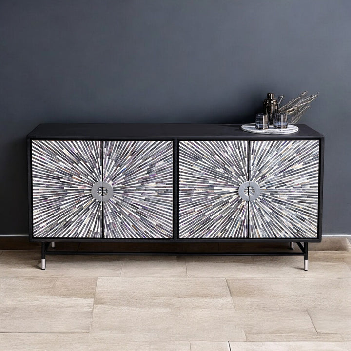 Heritage Design Round Black Silver Mosaic Intarsia Handcrafts Sideboard