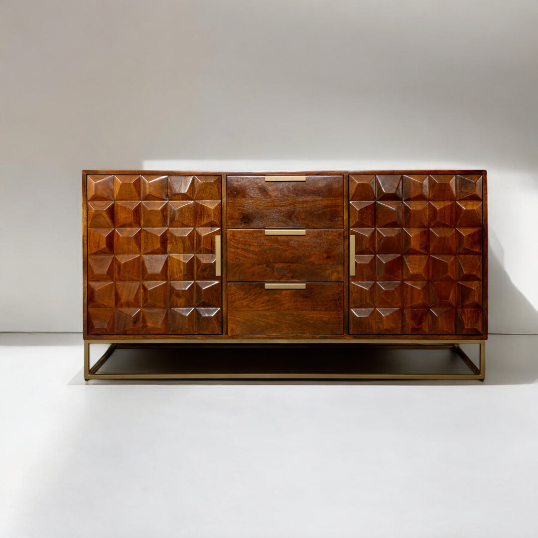 Memento Solid Mango Wood 3 Drawers Sideboard in Dark Brown with Golden Frame