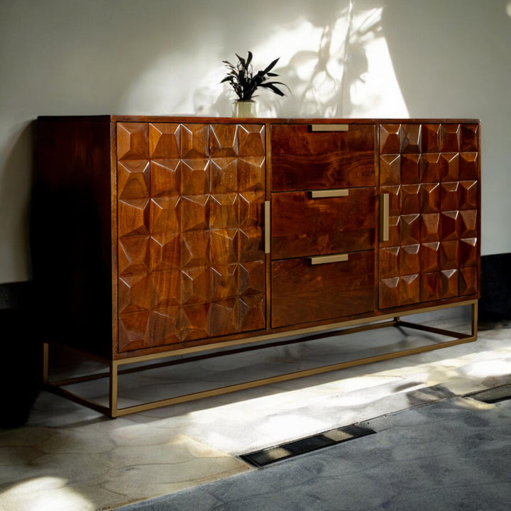 Memento Solid Mango Wood 3 Drawers Sideboard in Dark Brown with Golden Frame