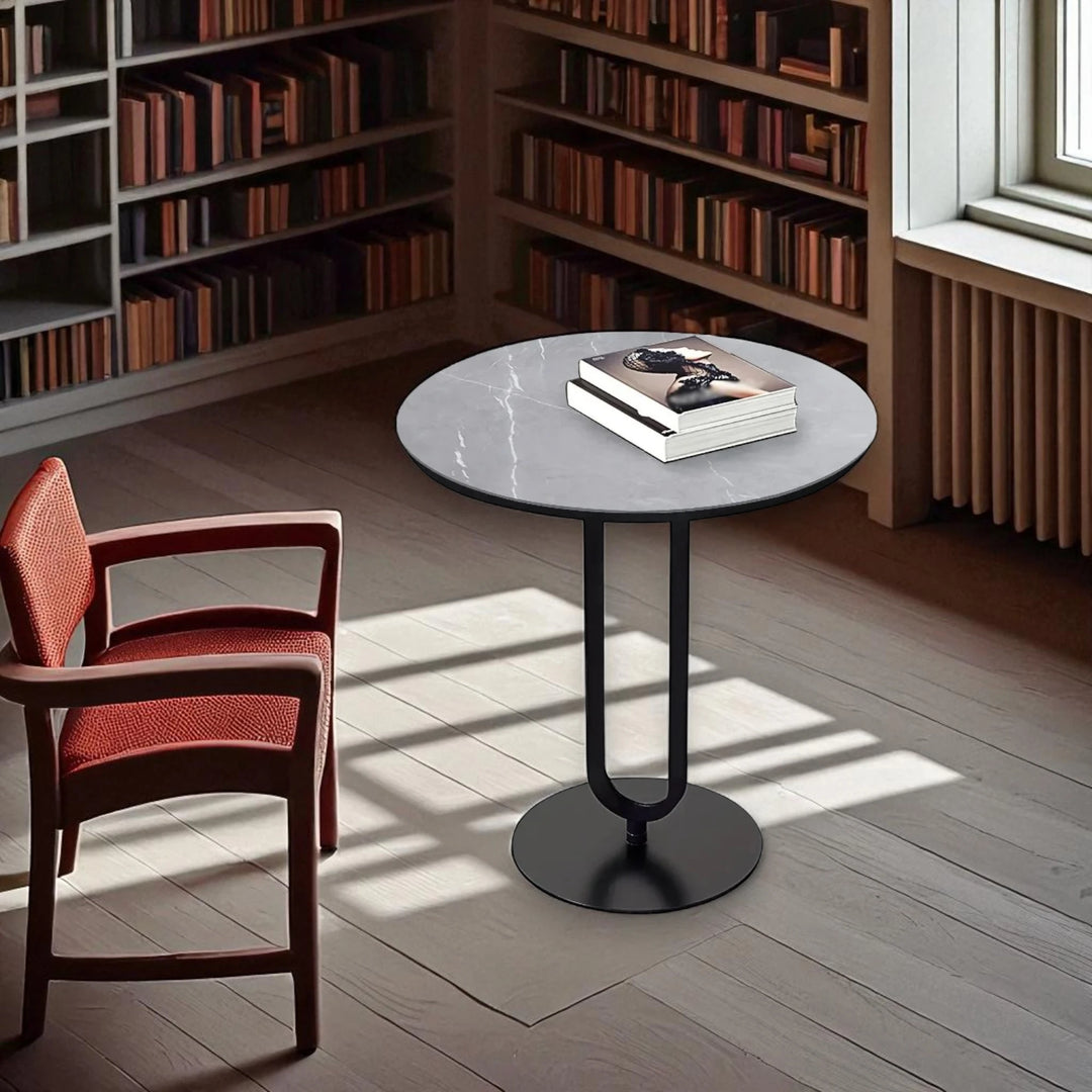 Modern Dark Gray Sintered Stone Round Side Table with Carbon Steel Base