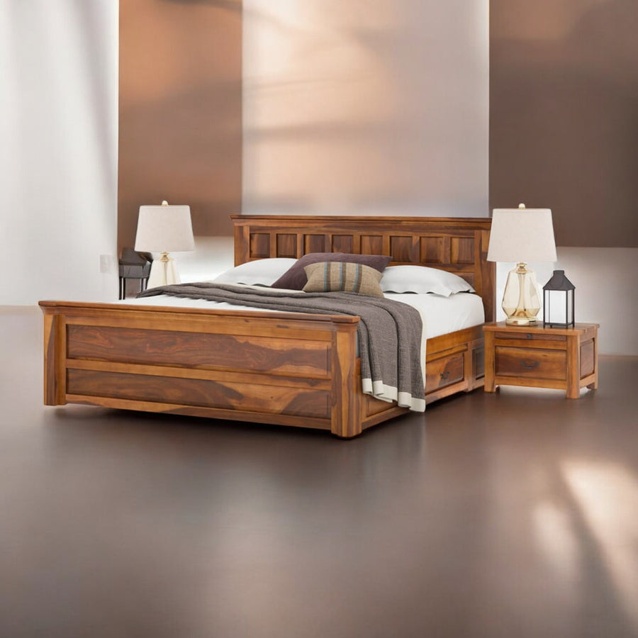 Ainsley sheesham wood bed design with storage drawers honey finish