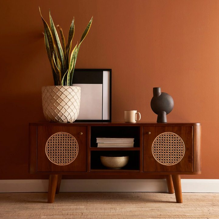 Buy Online Teak Wood & Rattan Brown vintage finish at nismaaya decor