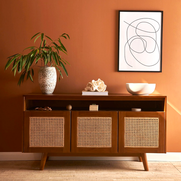 Teak Wood & Rattan TV Unit Brown Finish buy online at best price, Wooden TV Unit