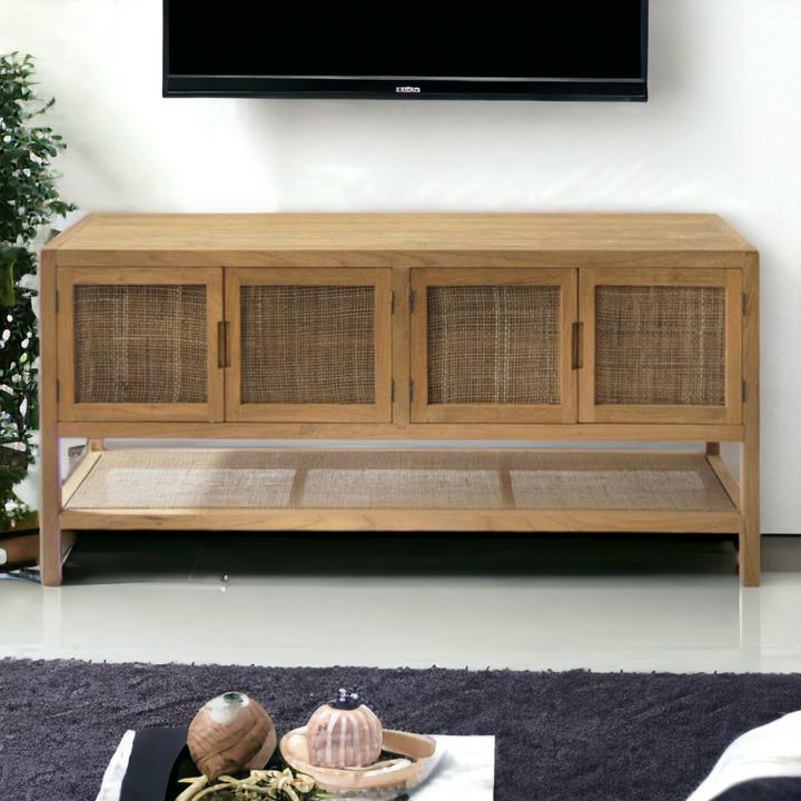 Nismaaya Erick Solid Teak Wood & Rattan TV Unit | Nismaaya Erick Solid Teak Wood & Rattan Media Console