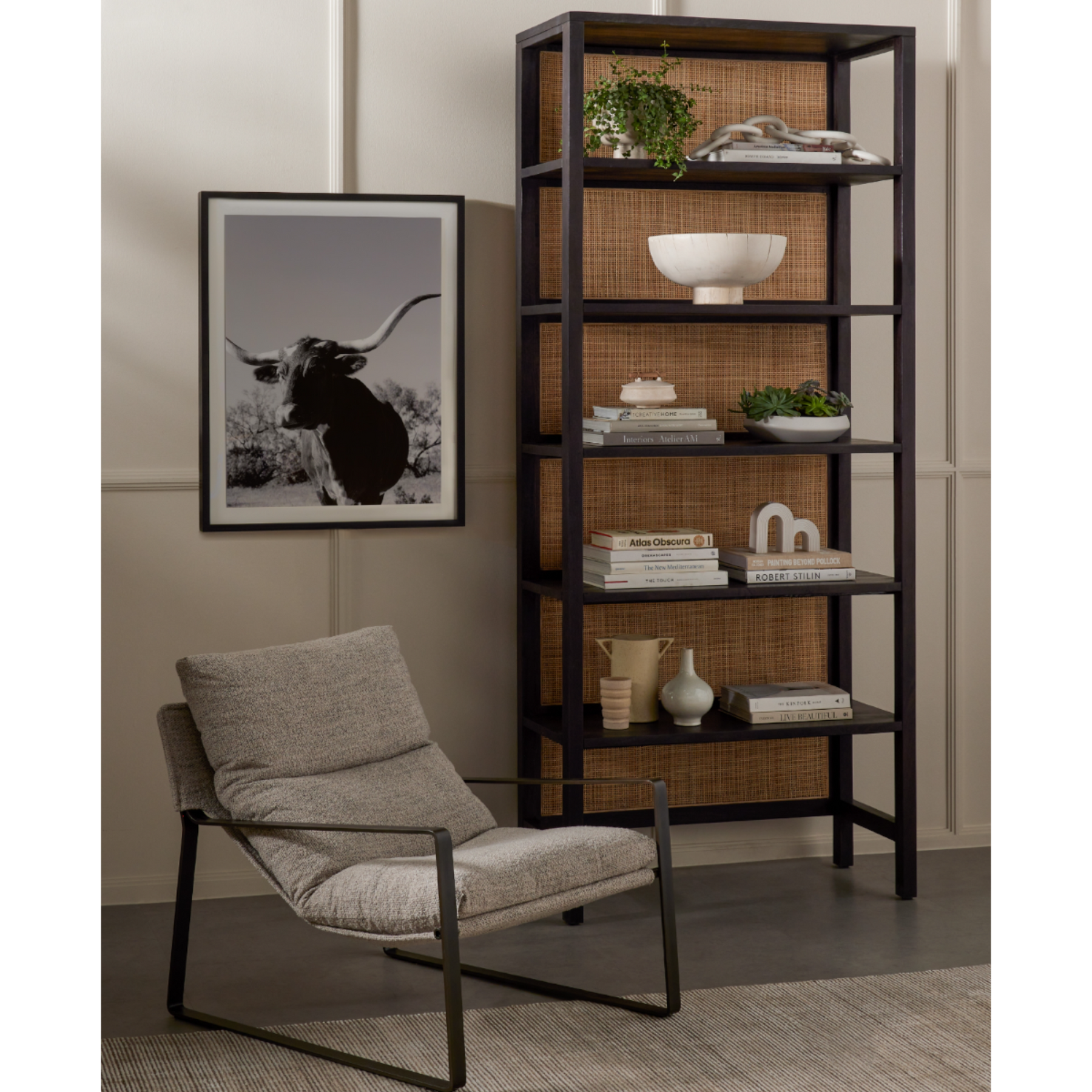 Nismaaya Jeff Rattan Bookshelf Black Mango Wood & Rattan