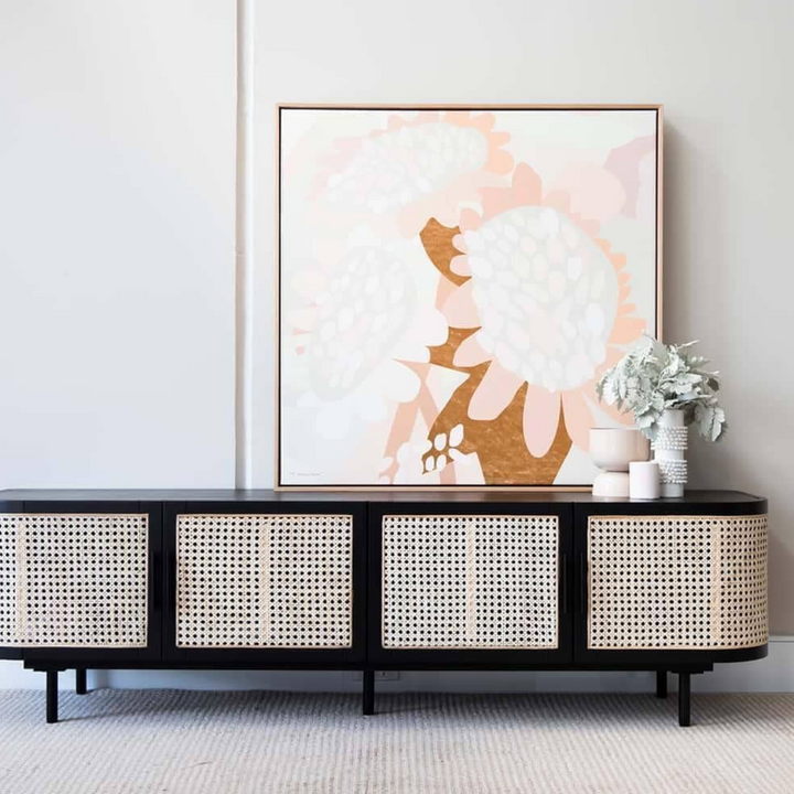 Get Nismaaya Teak Wood & Rattan Black Finish TV Unit