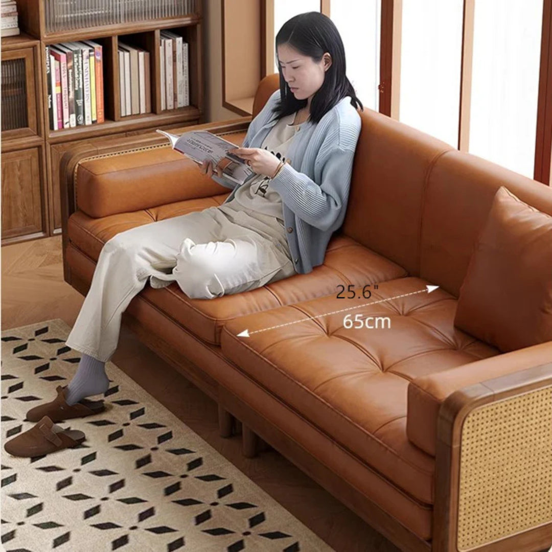 Nismaaya Leather & Rattan Weaving Wooden Frame Sofa Cum Bed