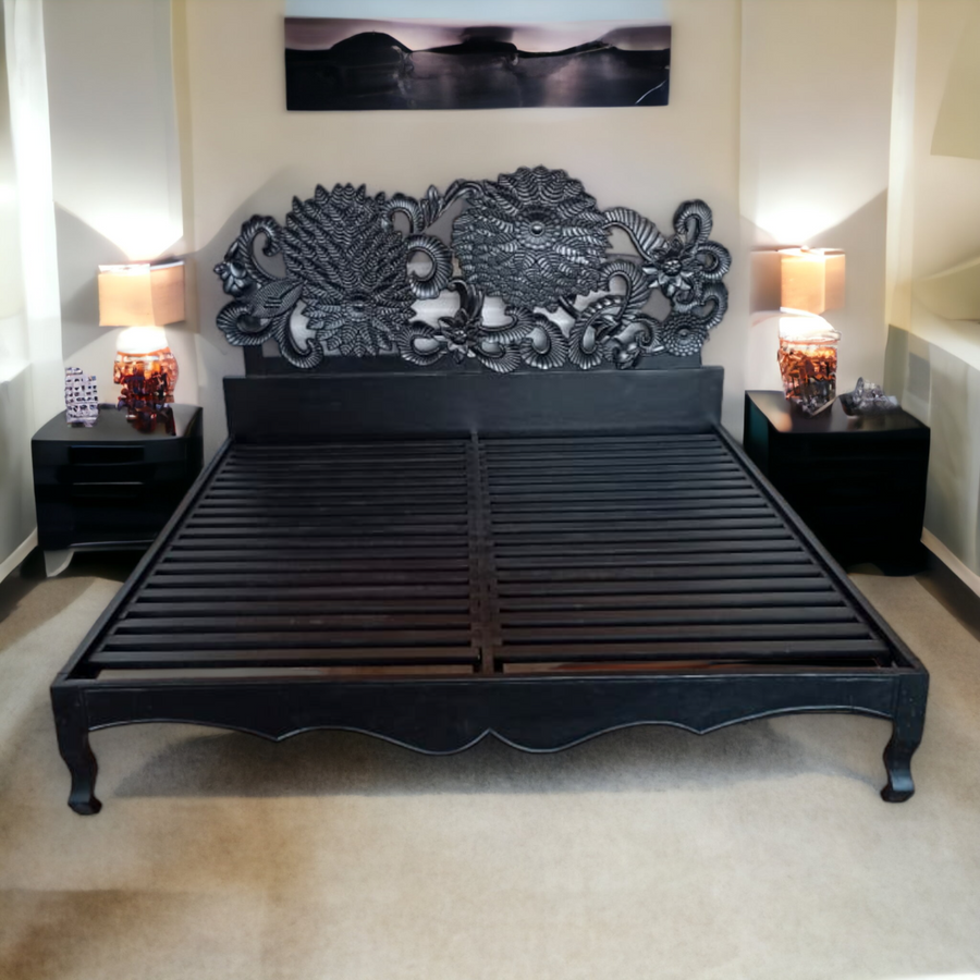 Marv full lotus carved mango wood bed design India