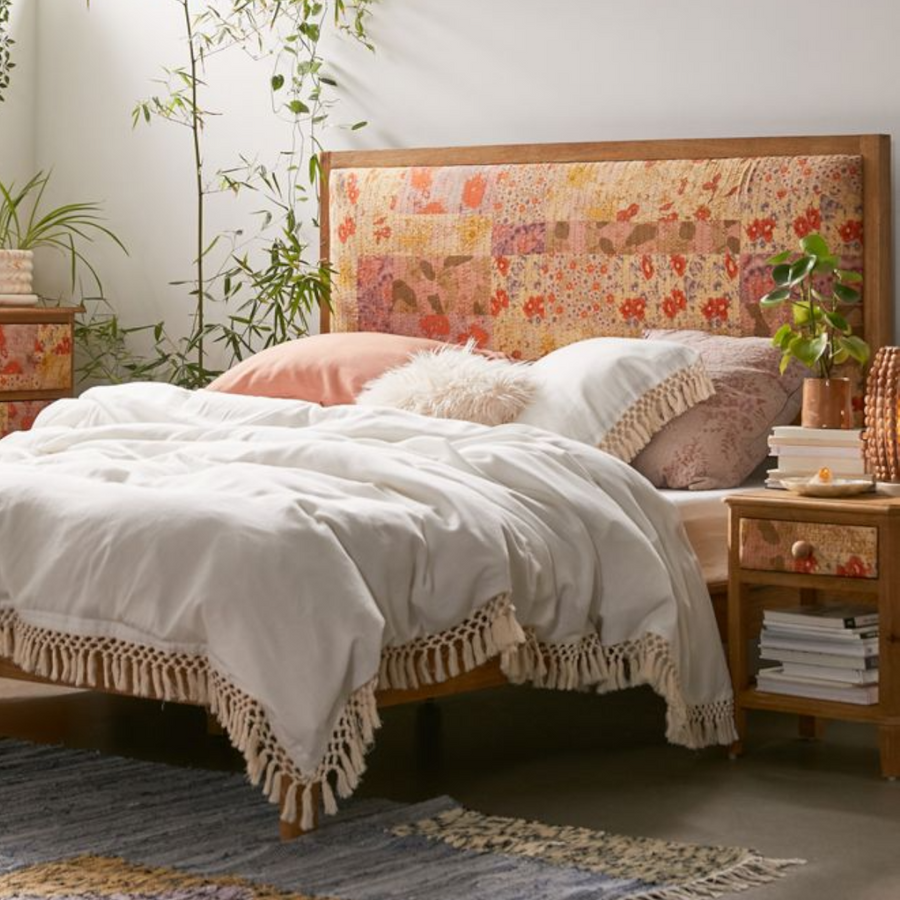 Naava mango wood printed headboard wooden bed design