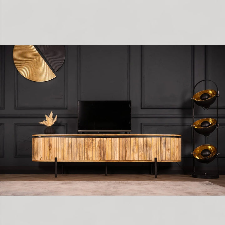 Nismaaya Reno Flute Art Deco Design Solid Mango Wood 4 Doors TV Unit