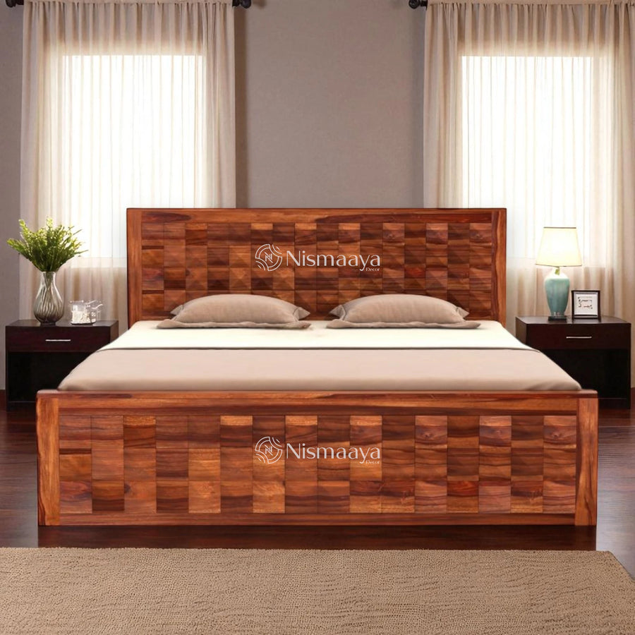 Sheesham wood wooden double bed design with drawer storage