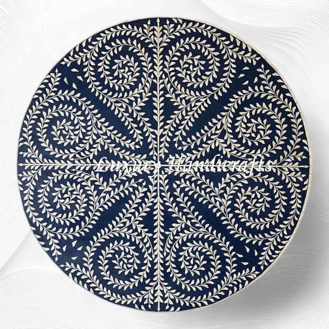 Scroll Vine Bone Inlay Coffee Table Indigo Blue