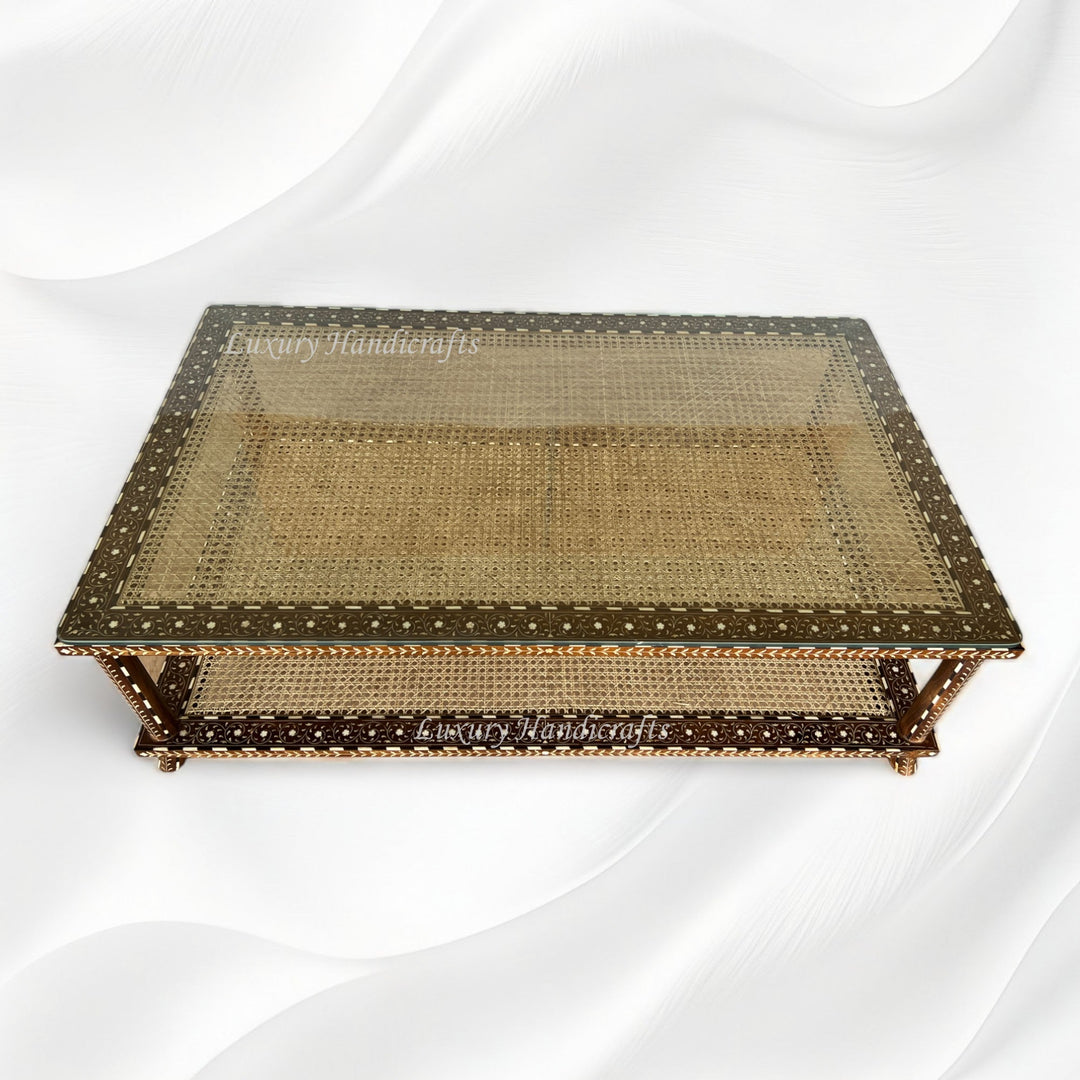 Teakwood Bone Inlaid Cane Coffee Table Walnut Finish