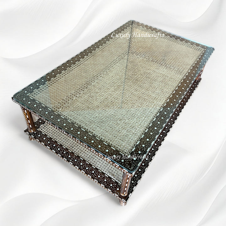 Teakwood Bone Inlaid Cane Coffee Table Walnut Finish