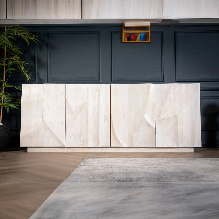 White Mountain Design Large Solid Mango Wood Sideboard with 3D Rock Carving