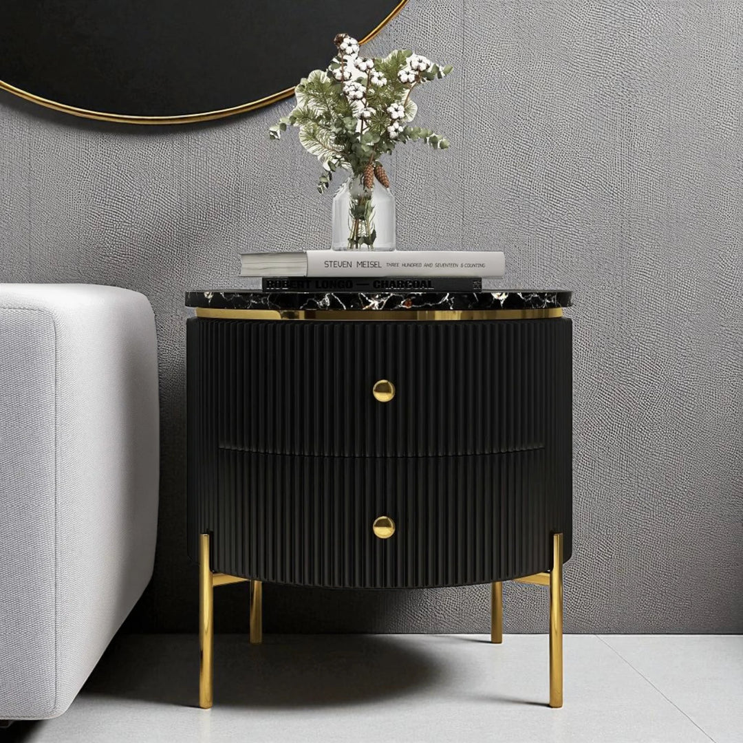 Yelly Modern Round Faux Marble 2 Drawers Side Table with Gold Legs