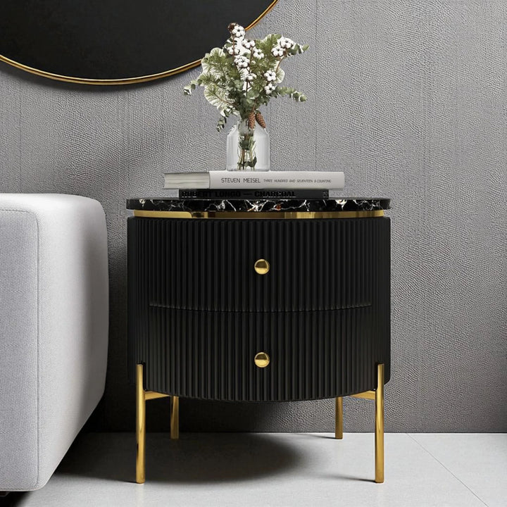 Yelly Modern Round Faux Marble 2 Drawers Side Table with Gold Legs