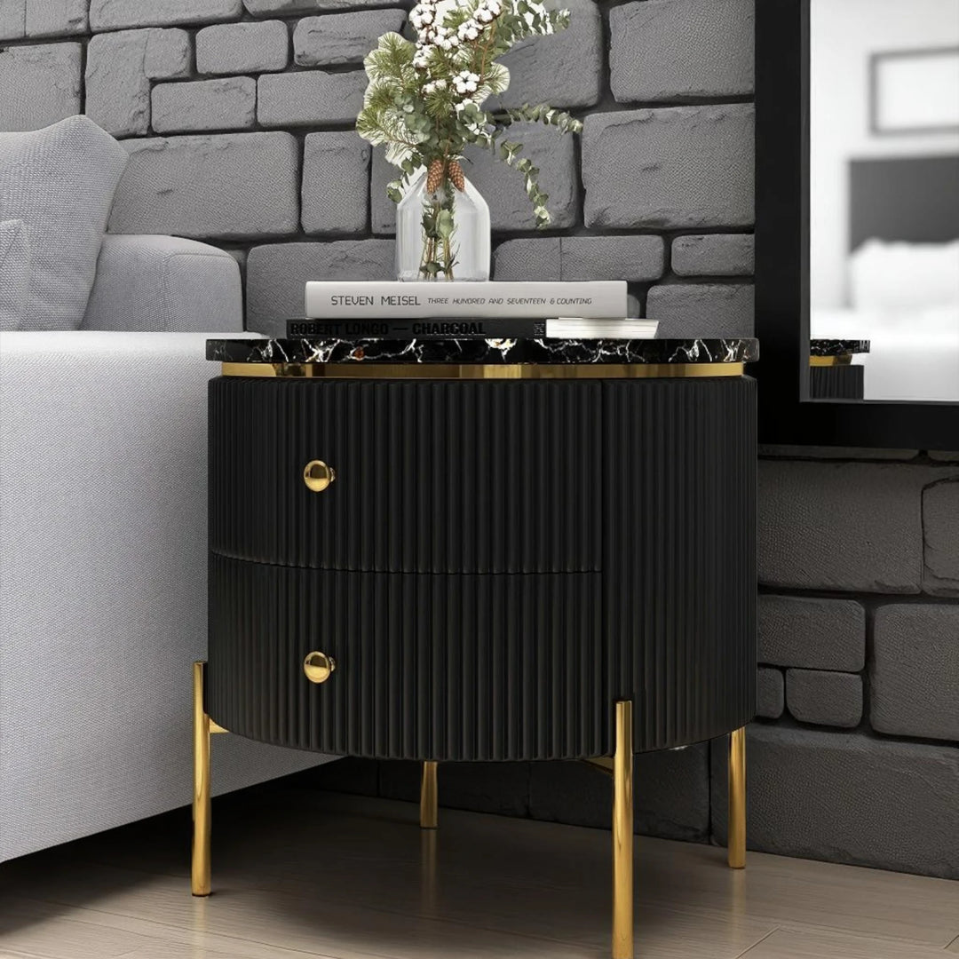Yelly Modern Round Faux Marble 2 Drawers Side Table with Gold Legs