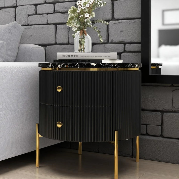 Yelly Modern Round Faux Marble 2 Drawers Side Table with Gold Legs