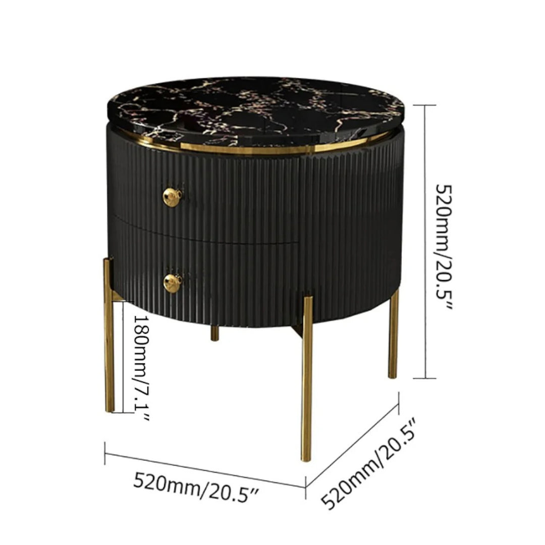 Yelly Modern Round Faux Marble 2 Drawers Side Table with Gold Legs