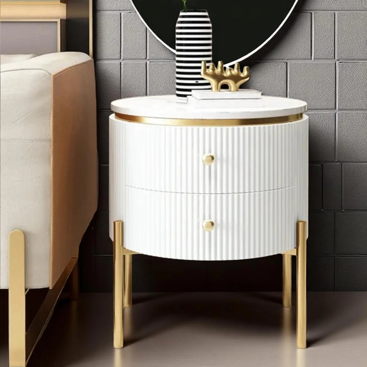 Yelly Modern Round Faux Marble 2 Drawers Side Table with Gold Legs