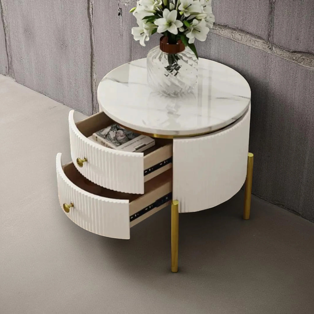 Yelly Modern Round Faux Marble 2 Drawers Side Table with Gold Legs