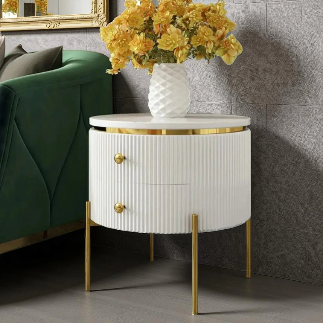 Yelly Modern Round Faux Marble 2 Drawers Side Table with Gold Legs