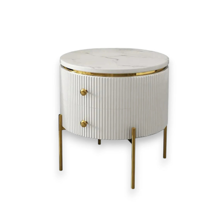 Yelly Modern Round Faux Marble 2 Drawers Side Table with Gold Legs