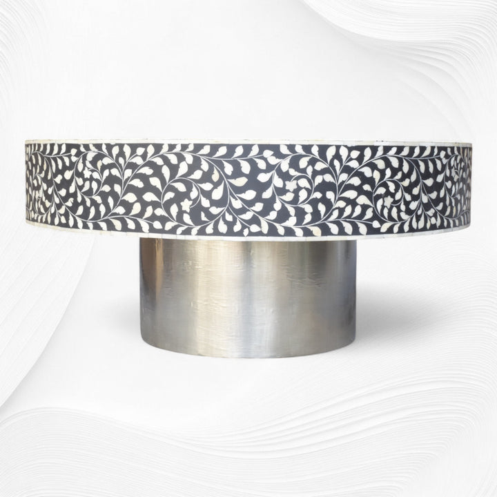Black Scroll Vine Bone Inlay Coffee Table Silver Base | Bone Inlay Centre Table