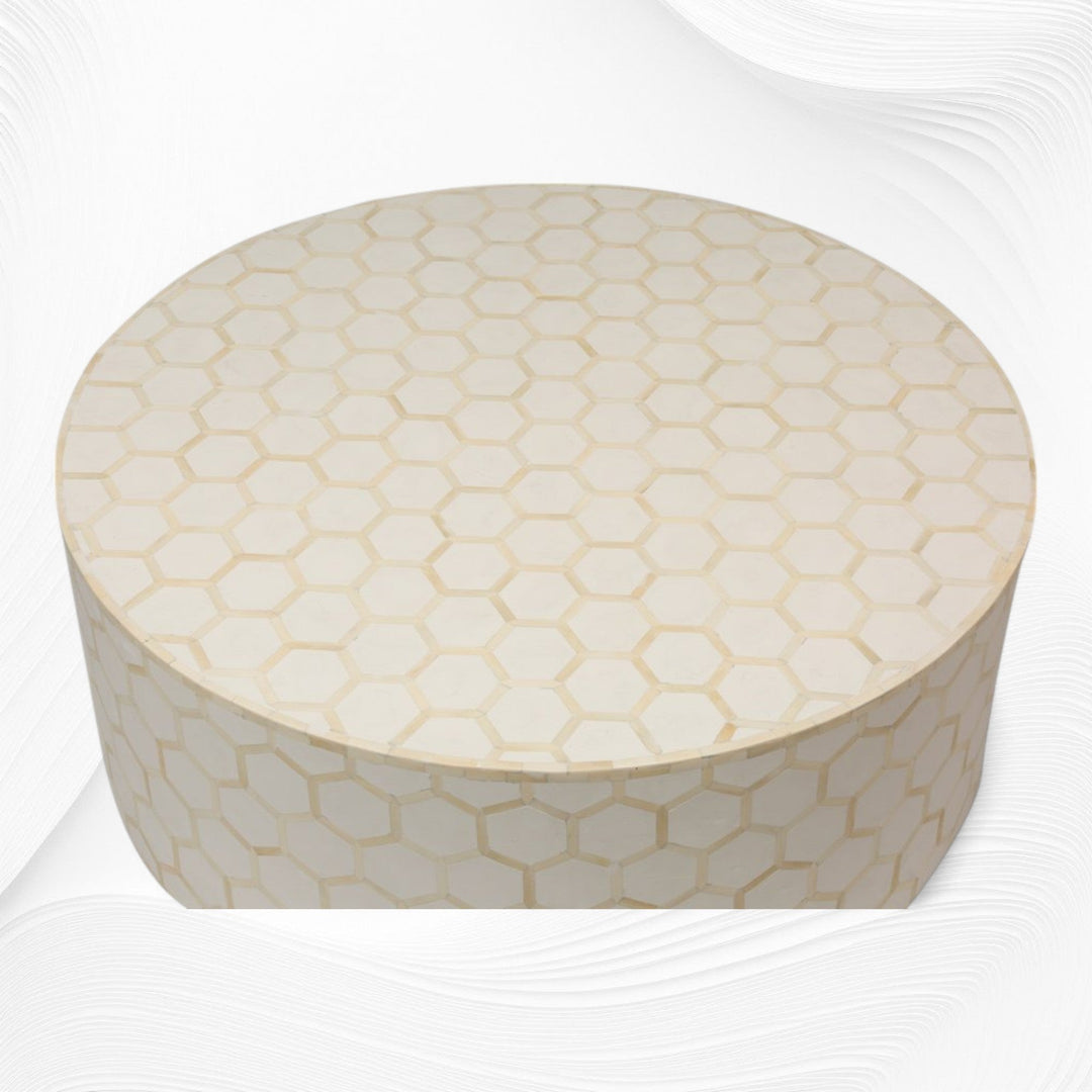 Bone Inlaid Round Coffee Table Honeycomb White | Bone And Wood Inlay Table