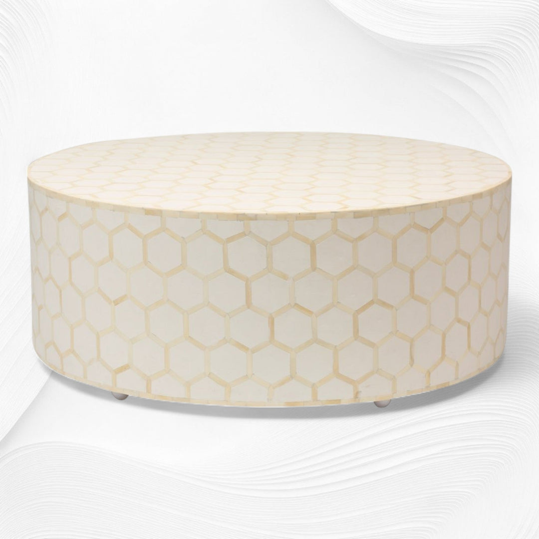 Bone Inlaid Round Coffee Table Honeycomb White | Bone And Wood Inlay Table