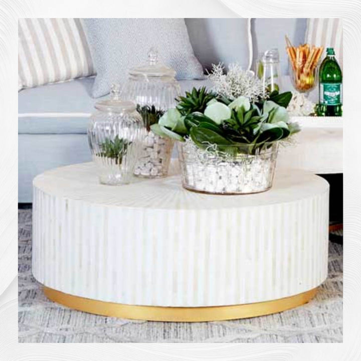 Bone Inlay Center Table Stripe Design White