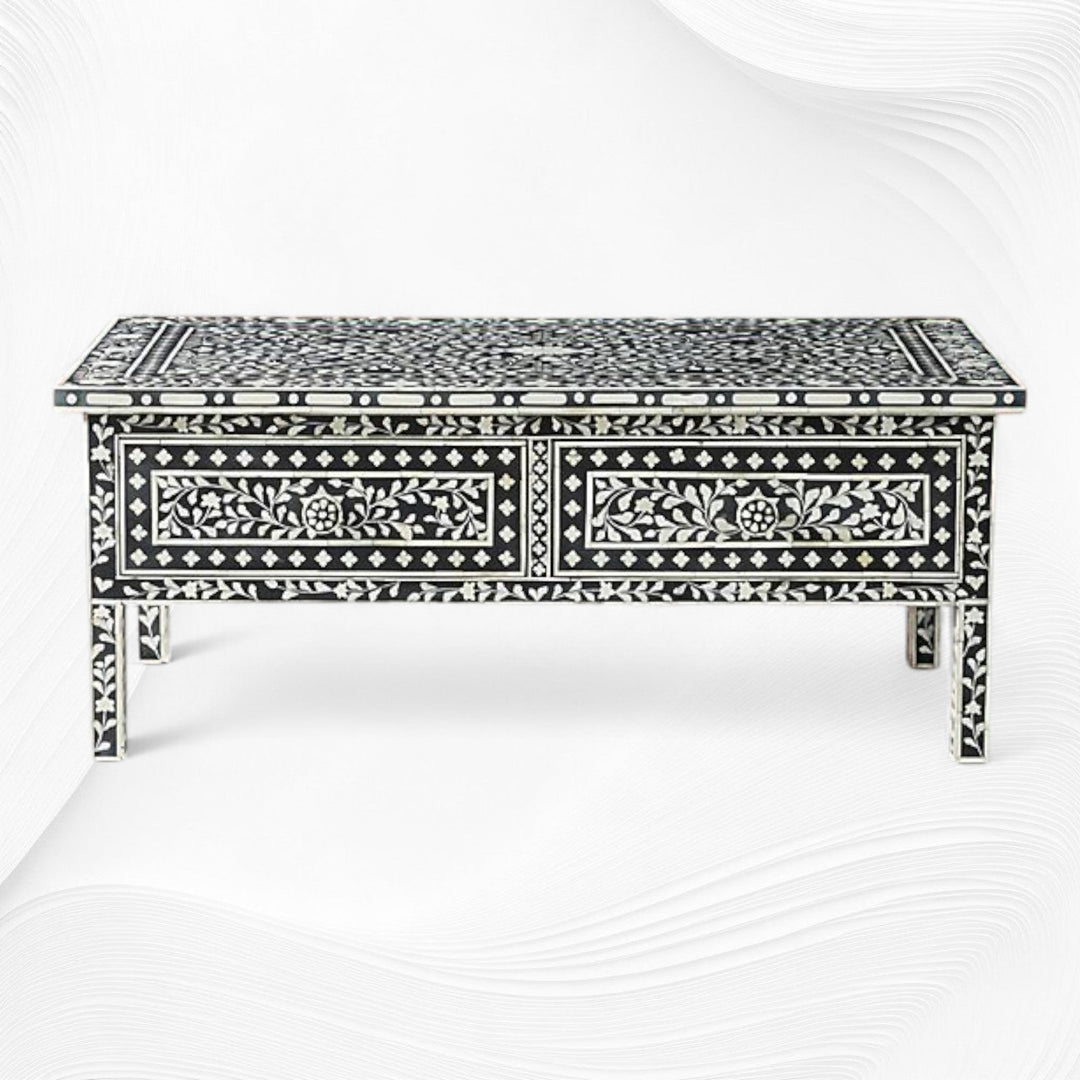 Floral Bone Inlay 2 Drawer Coffee Table Black | Coffee Table With Inlay