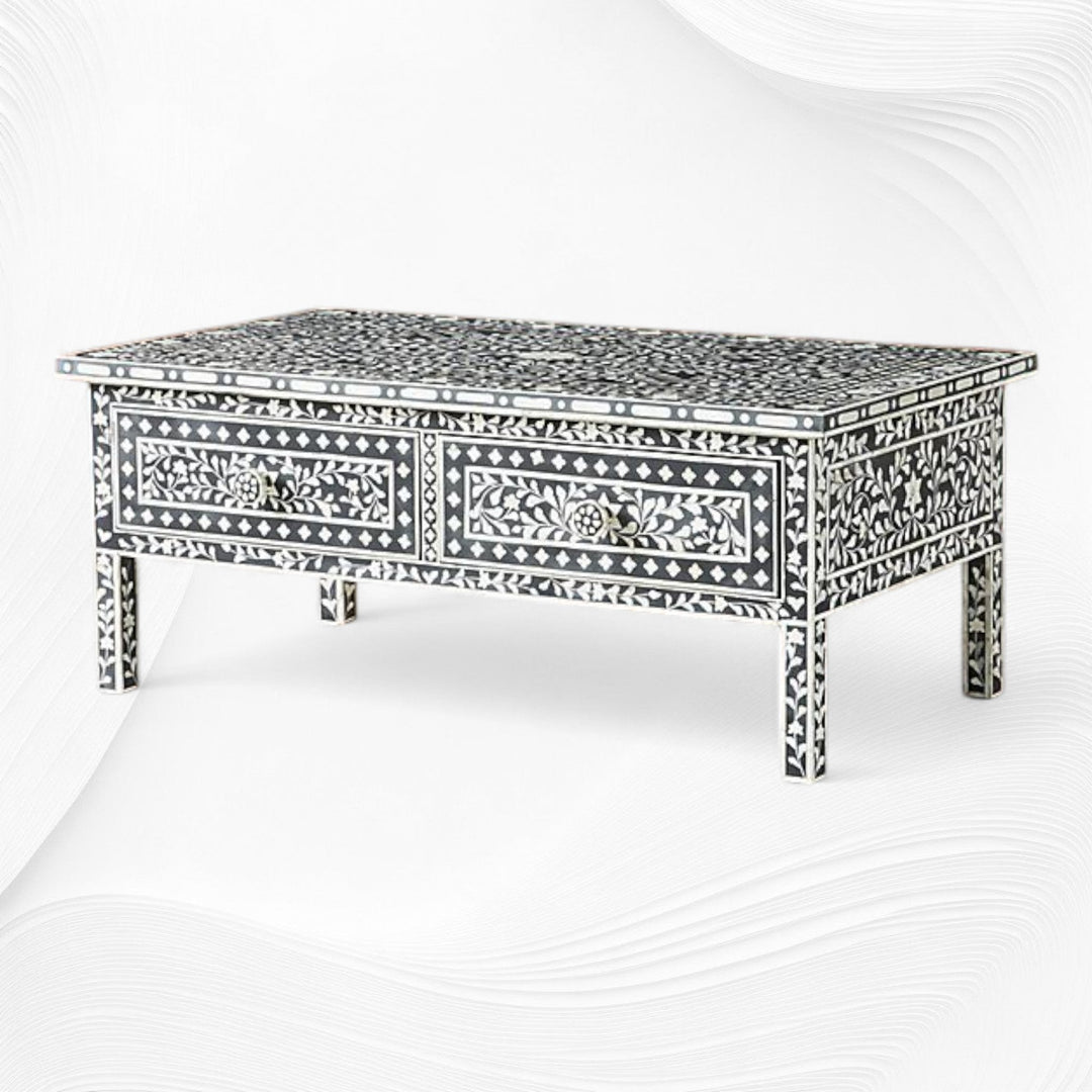Floral Bone Inlay 2 Drawer Coffee Table Black | Coffee Table With Inlay