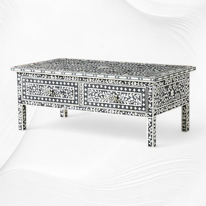 Floral Bone Inlay 2 Drawer Coffee Table Black | Coffee Table With Inlay